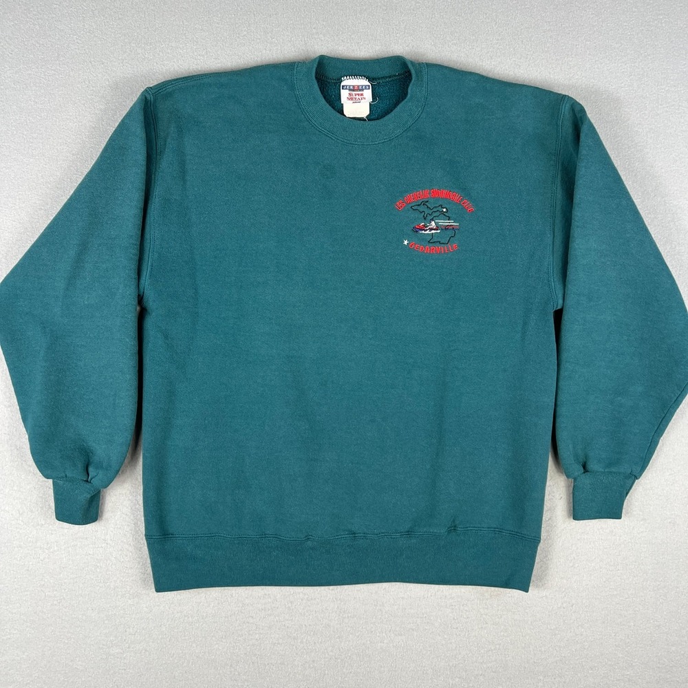 VTG Les‎ Cheneaux Snowmobile Club Sweatshirt Fits Small Teal Embroidered 1990s